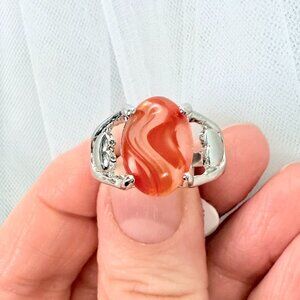 Coral Swirling Cabochon Ring on Silvertone Heart Accents Size 8 Artisan Jewelry